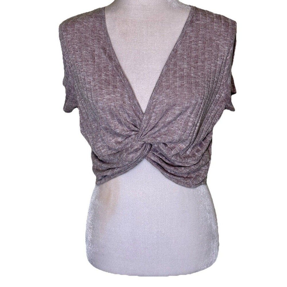 Women’s Y2K Twist Front Crop Top Deep V Short Sleeve Stretch Minimalist Size‎ XL
